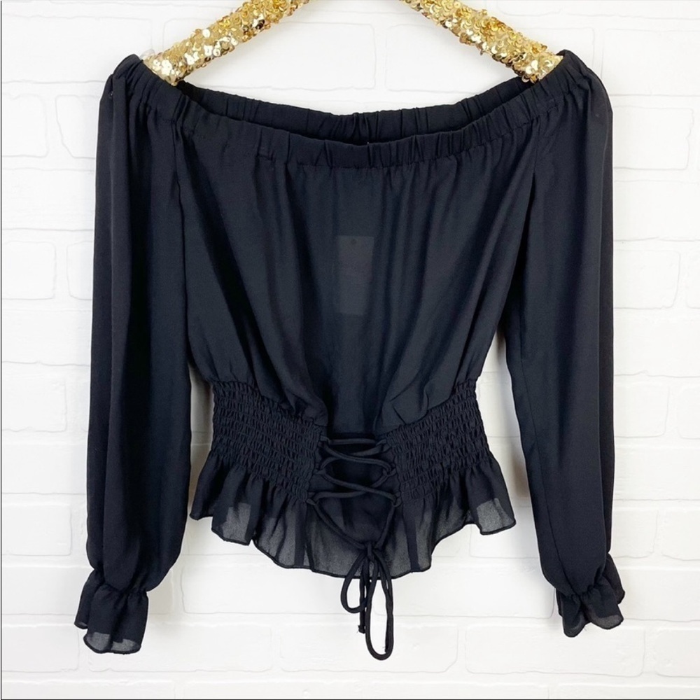 Ultra Flirt Sheer Lace Up Off Shoulder Blouse Long Sleeve Smocked Black Size XS